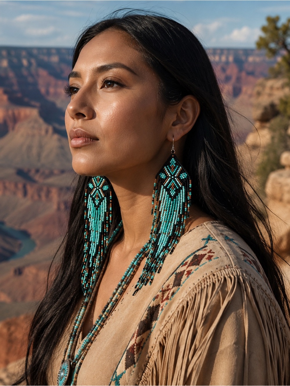 Beautiful turquoise and black southwestern style seed bead dangle, Boho earrings